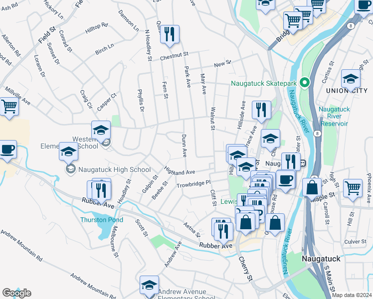 map of restaurants, bars, coffee shops, grocery stores, and more near 37 Dunn Avenue in Naugatuck