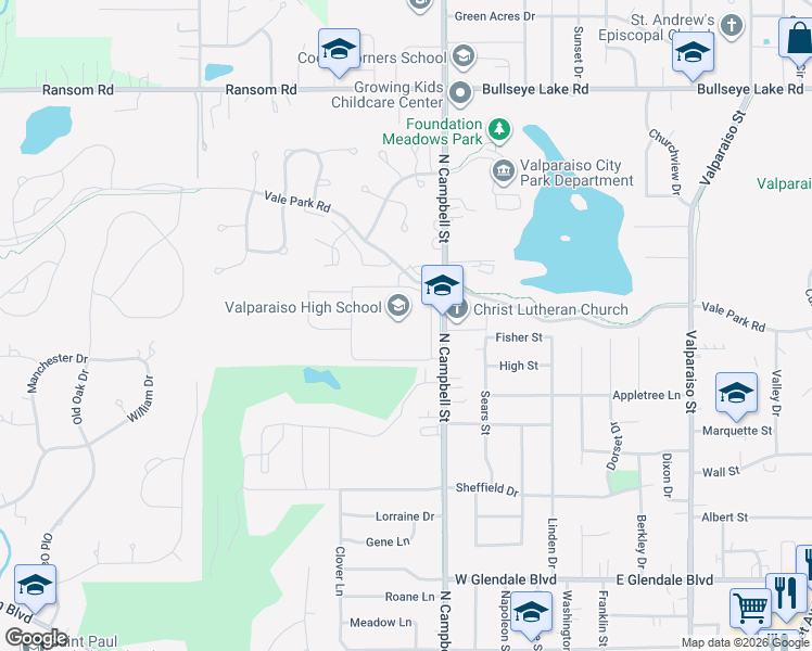 map of restaurants, bars, coffee shops, grocery stores, and more near 2727 Campbell Street in Valparaiso
