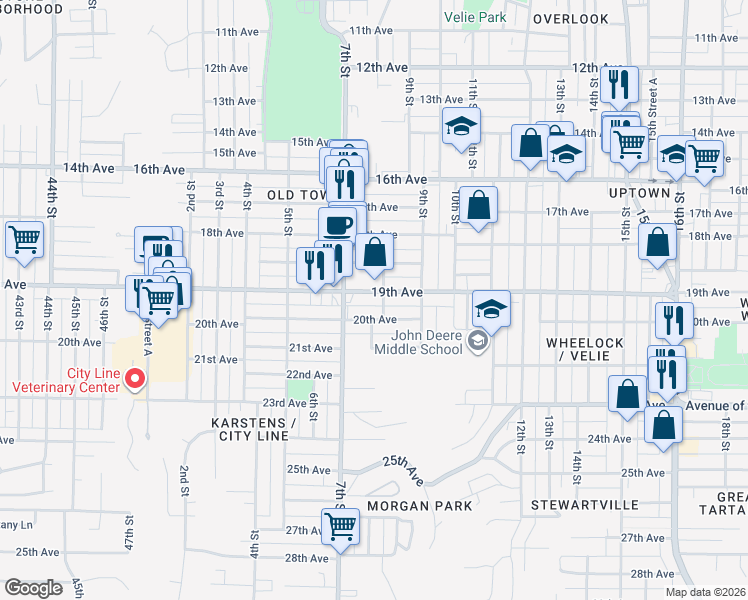 map of restaurants, bars, coffee shops, grocery stores, and more near 730 19th Avenue in Moline