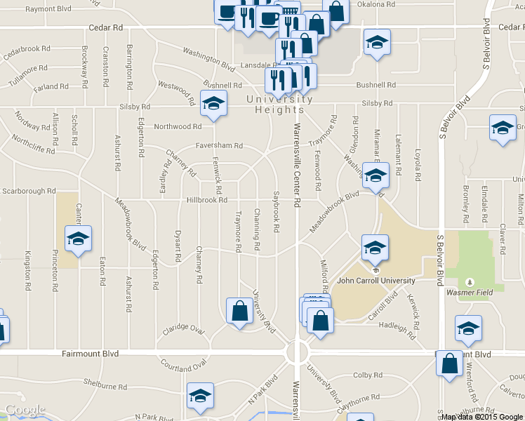 map of restaurants, bars, coffee shops, grocery stores, and more near 2445 Channing Rd in University Heights