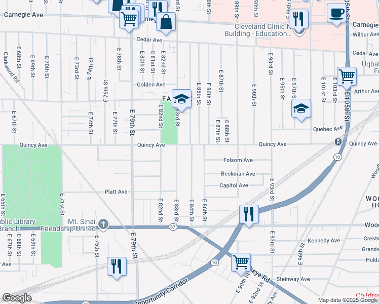 map of restaurants, bars, coffee shops, grocery stores, and more near 2414 East 84th Street in Cleveland