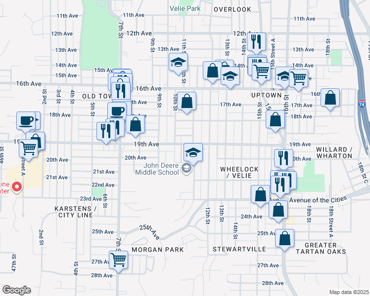 map of restaurants, bars, coffee shops, grocery stores, and more near 1906 10th Street in Moline