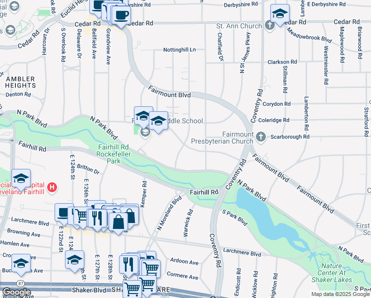 map of restaurants, bars, coffee shops, grocery stores, and more near 2616 Colchester Road in Cleveland Heights