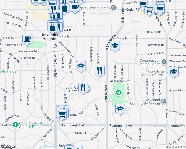 map of restaurants, bars, coffee shops, grocery stores, and more near 14169 Washington Boulevard in University Heights