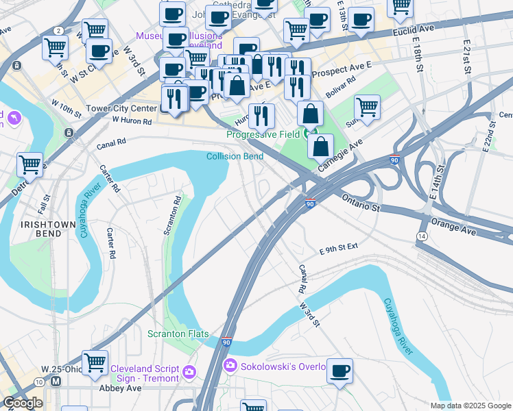 map of restaurants, bars, coffee shops, grocery stores, and more near 2380 Canal Road in Cleveland