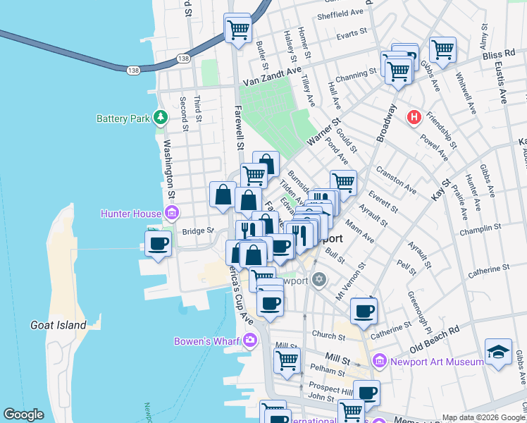 map of restaurants, bars, coffee shops, grocery stores, and more near 9 Cross Street in Newport