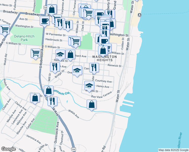 map of restaurants, bars, coffee shops, grocery stores, and more near 102 South Lander Street in Newburgh