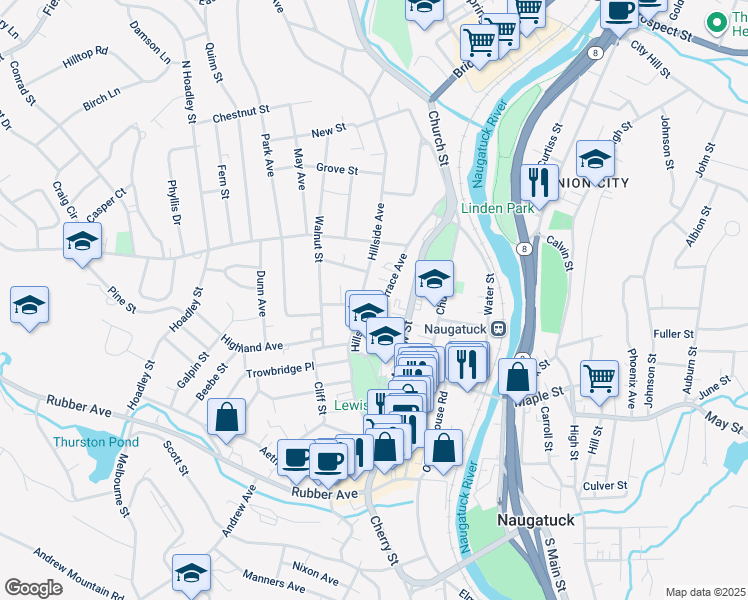 map of restaurants, bars, coffee shops, grocery stores, and more near 22 Terrace Avenue in Naugatuck