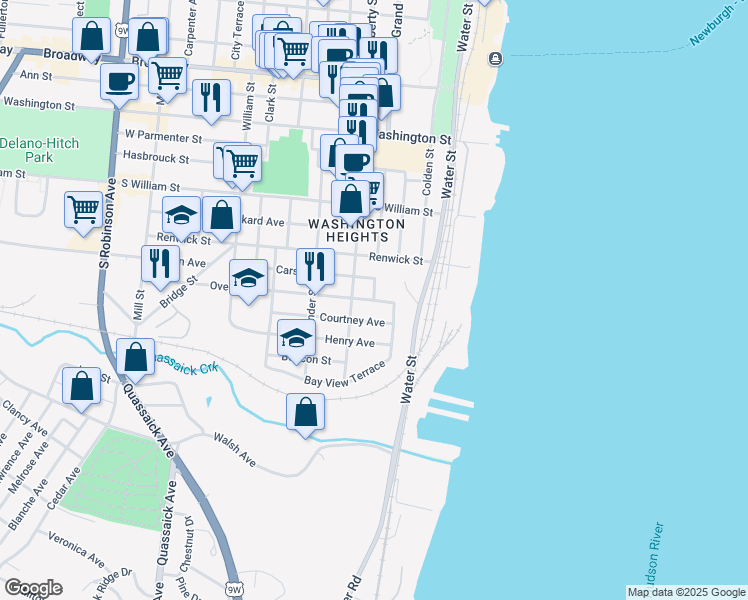 map of restaurants, bars, coffee shops, grocery stores, and more near Overlook Place & River View Place in Newburgh