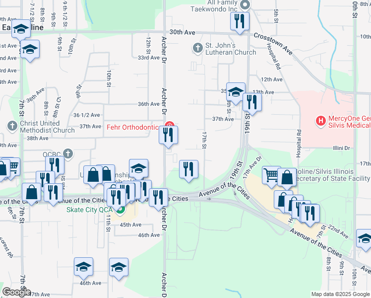 map of restaurants, bars, coffee shops, grocery stores, and more near 2199 39th Avenue in East Moline