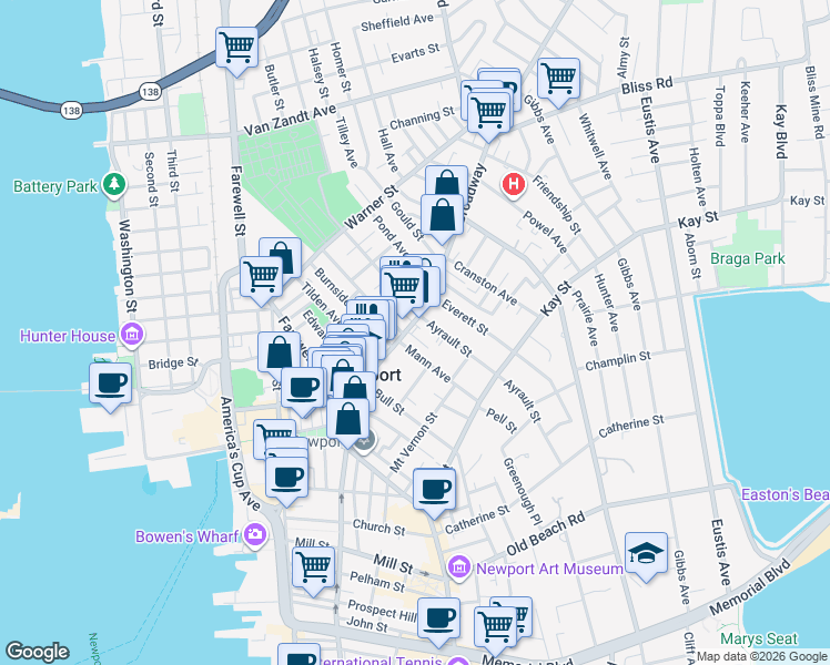 map of restaurants, bars, coffee shops, grocery stores, and more near 105 Broadway in Newport