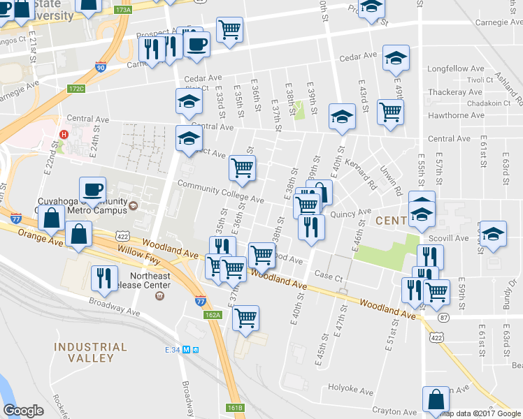 map of restaurants, bars, coffee shops, grocery stores, and more near 2437 East 37th Street in Cleveland
