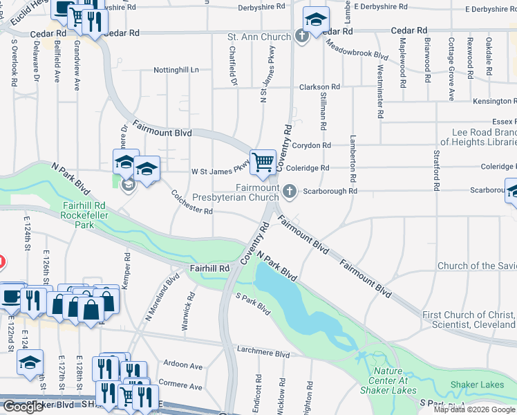 map of restaurants, bars, coffee shops, grocery stores, and more near 2440 Coventry Road in Cleveland Heights