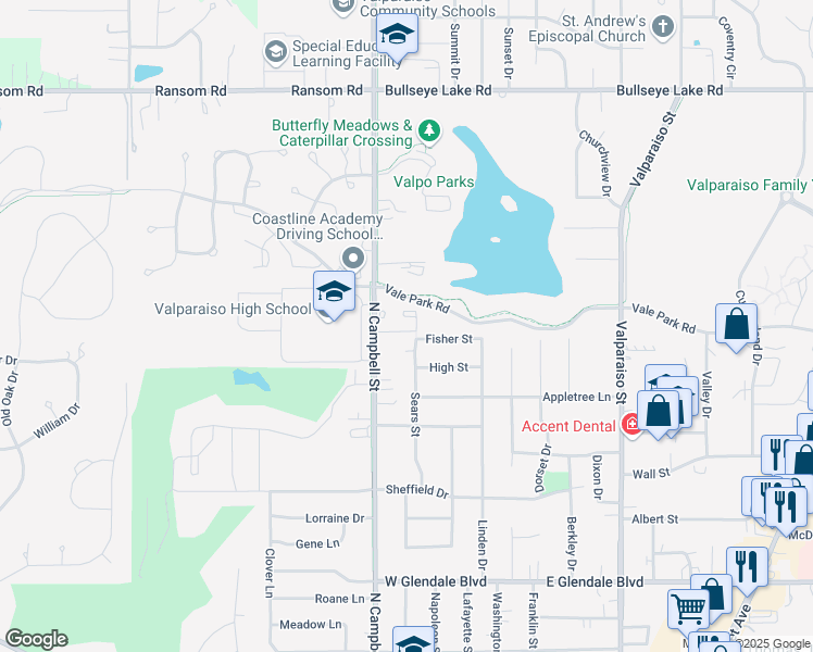 map of restaurants, bars, coffee shops, grocery stores, and more near 2610 Campbell Street in Valparaiso