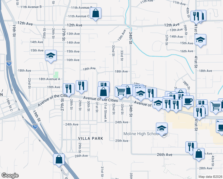 map of restaurants, bars, coffee shops, grocery stores, and more near 1917 32nd Street in Moline