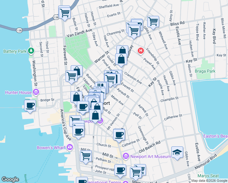 map of restaurants, bars, coffee shops, grocery stores, and more near 105 Broadway in Newport