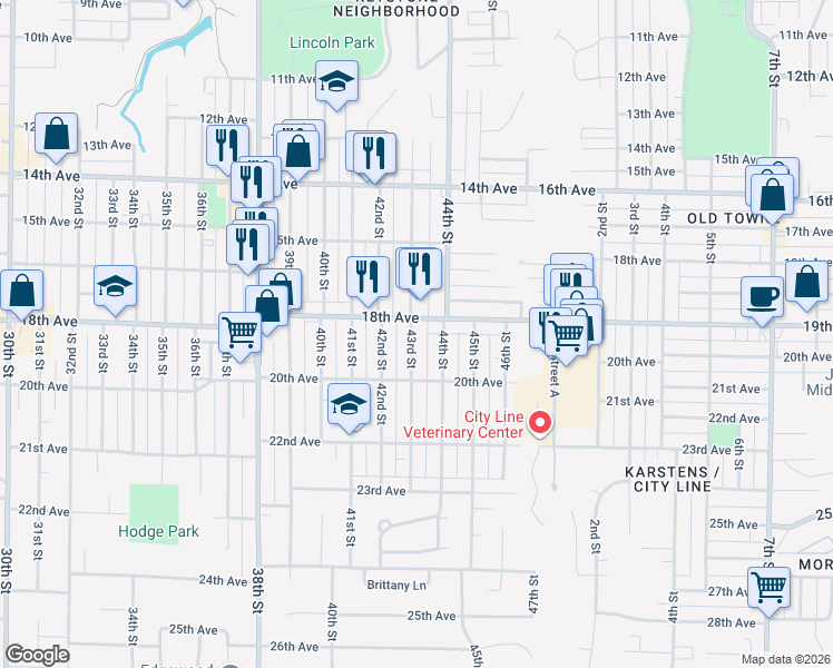 map of restaurants, bars, coffee shops, grocery stores, and more near 1811 43rd Street in Rock Island