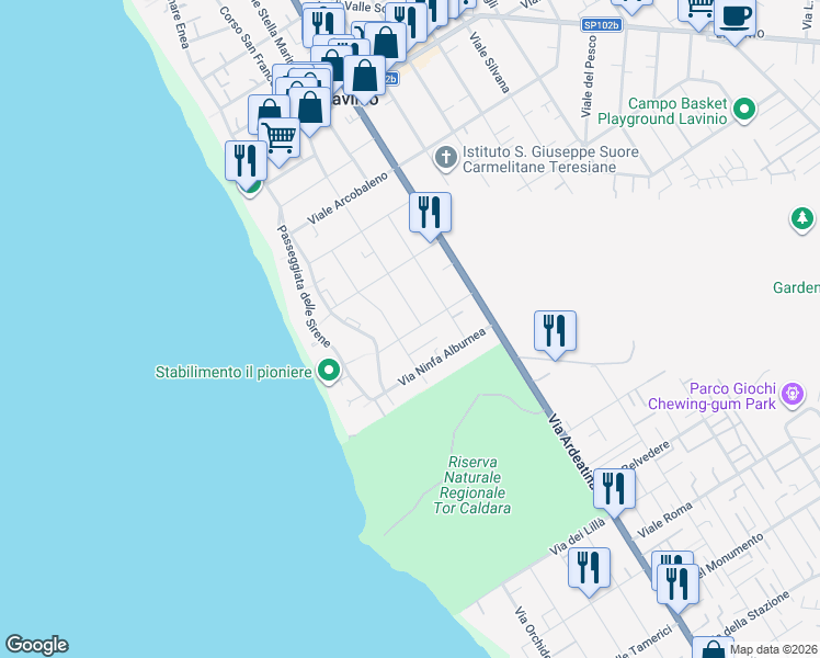 map of restaurants, bars, coffee shops, grocery stores, and more near 79 Viale delle Nereidi in Anzio