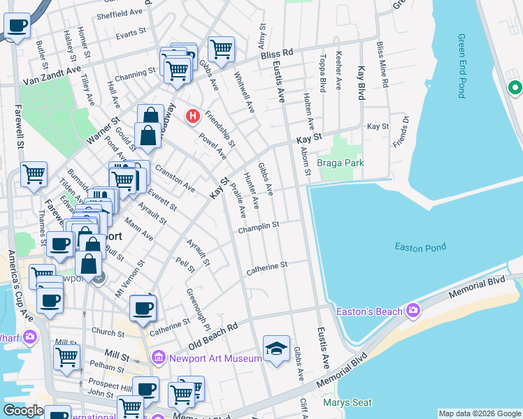 map of restaurants, bars, coffee shops, grocery stores, and more near 25 Hunter Avenue in Newport