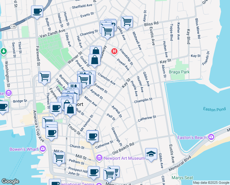 map of restaurants, bars, coffee shops, grocery stores, and more near 71 Kay Street in Newport