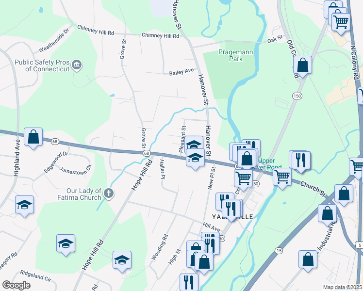 map of restaurants, bars, coffee shops, grocery stores, and more near 6 Pleasant Street in Wallingford