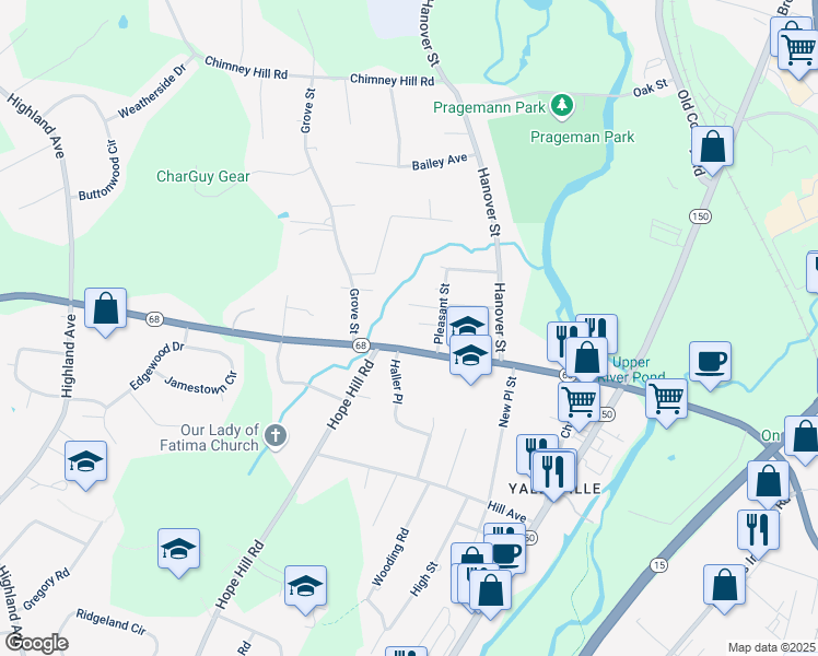 map of restaurants, bars, coffee shops, grocery stores, and more near 7 Wilcox Lane in Wallingford