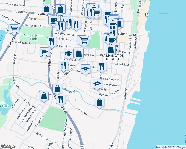 map of restaurants, bars, coffee shops, grocery stores, and more near 95 Overlook Place in Newburgh