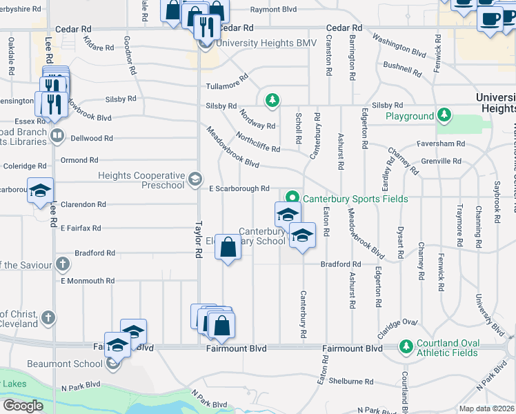 map of restaurants, bars, coffee shops, grocery stores, and more near 2445 Kingston Road in Cleveland Heights