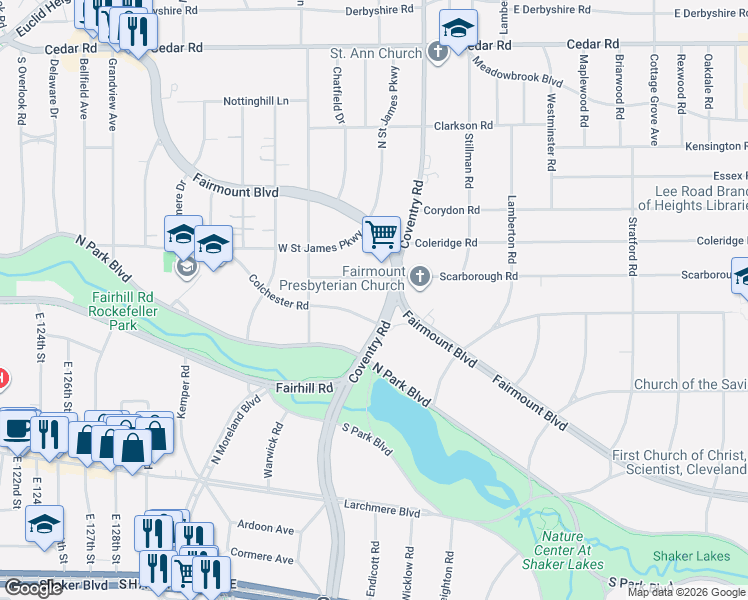 map of restaurants, bars, coffee shops, grocery stores, and more near 2440 Coventry Road in Cleveland Heights