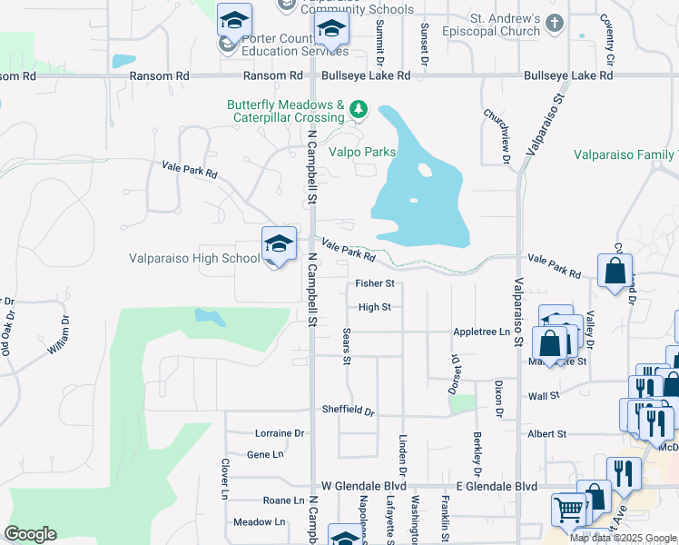 map of restaurants, bars, coffee shops, grocery stores, and more near 2699 Sears St in Valparaiso
