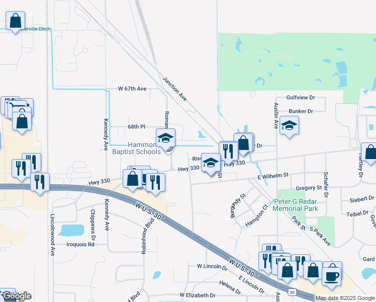map of restaurants, bars, coffee shops, grocery stores, and more near 1600 Anna St in Schererville