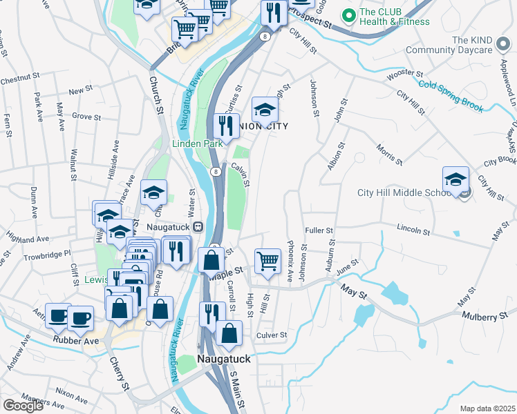 map of restaurants, bars, coffee shops, grocery stores, and more near 43 Coen Street in Naugatuck