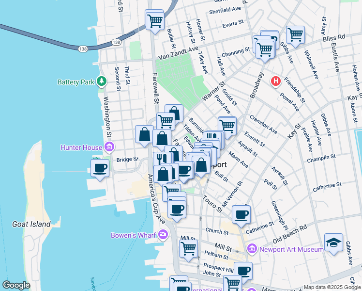 map of restaurants, bars, coffee shops, grocery stores, and more near 43 Farewell Street in Newport