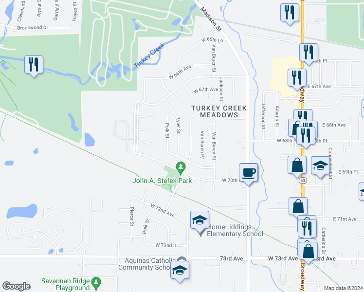 map of restaurants, bars, coffee shops, grocery stores, and more near 6913 Tyler Street in Merrillville