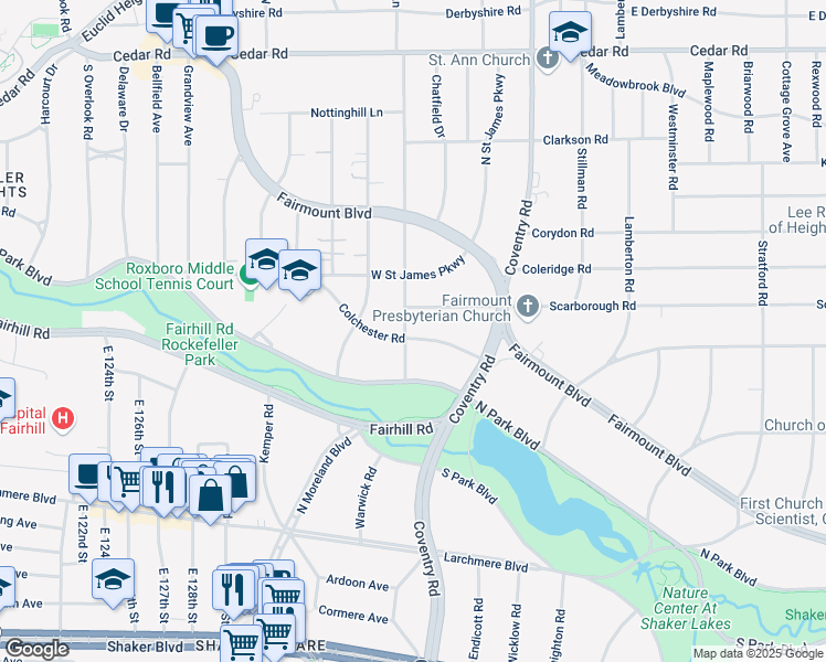 map of restaurants, bars, coffee shops, grocery stores, and more near 2443 Demington Drive in Cleveland Heights