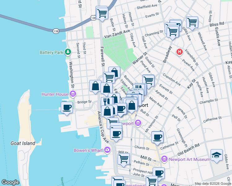 map of restaurants, bars, coffee shops, grocery stores, and more near 8 Sanford Street in Newport