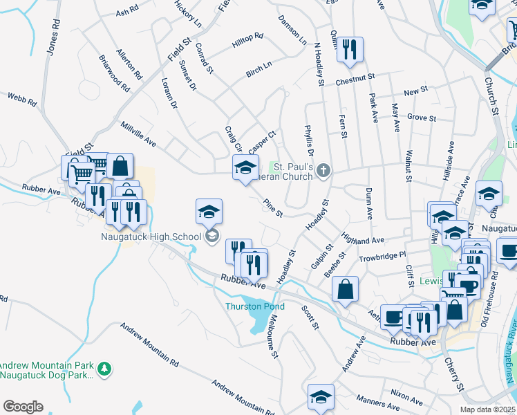 map of restaurants, bars, coffee shops, grocery stores, and more near 100 Pine Street in Naugatuck