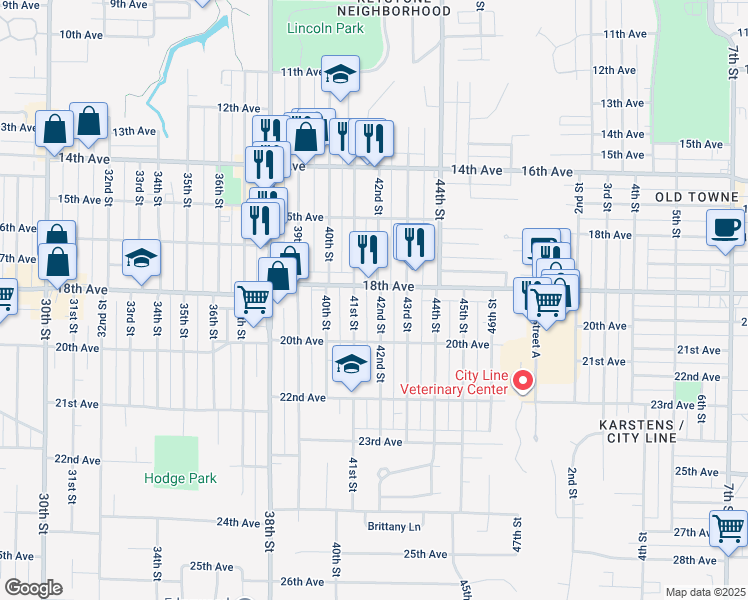 map of restaurants, bars, coffee shops, grocery stores, and more near 1812 42nd Street in Rock Island