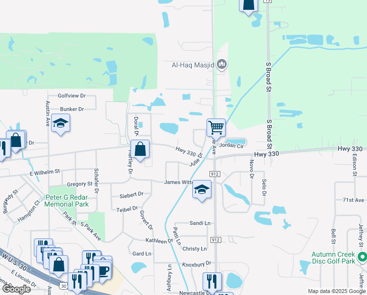 map of restaurants, bars, coffee shops, grocery stores, and more near 648 East Joliet Street in Griffith
