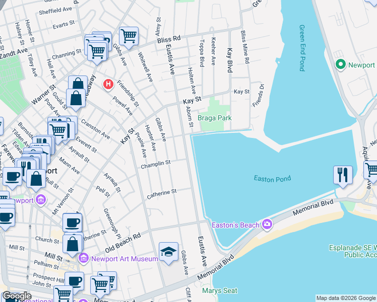 map of restaurants, bars, coffee shops, grocery stores, and more near 122 Eustis Avenue in Newport