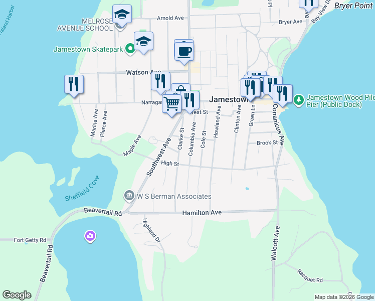 map of restaurants, bars, coffee shops, grocery stores, and more near 45 Columbia Avenue in Jamestown