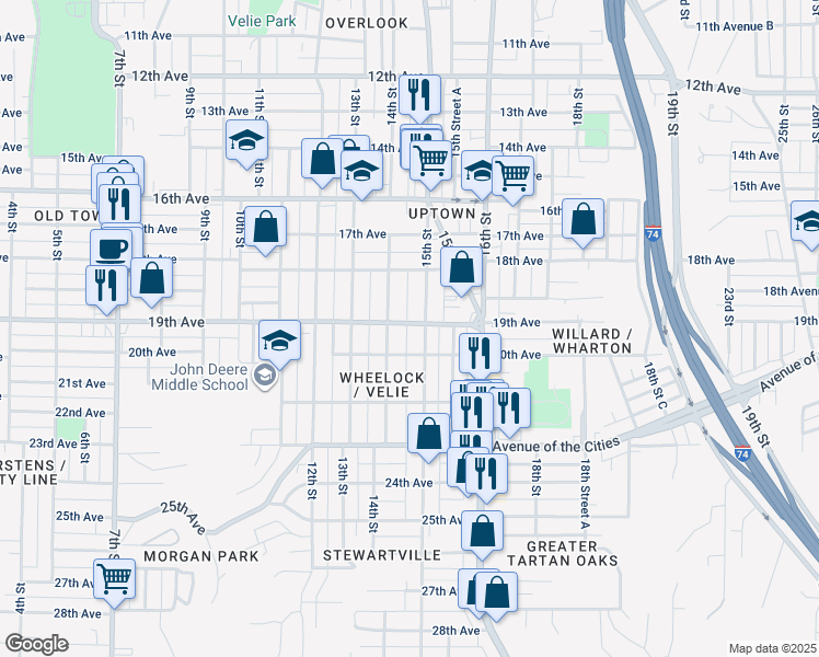 map of restaurants, bars, coffee shops, grocery stores, and more near 1424 19th Avenue in Moline