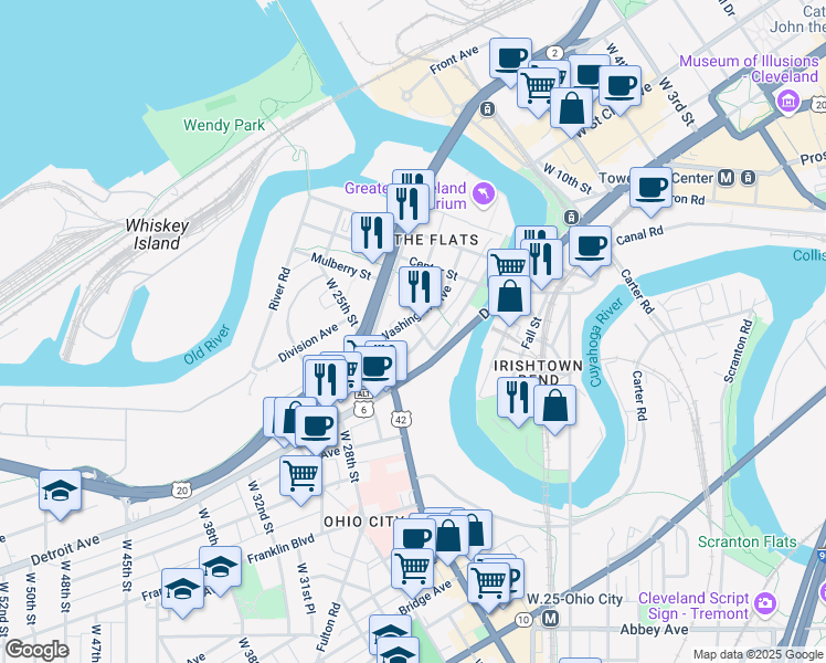 map of restaurants, bars, coffee shops, grocery stores, and more near 2400 Superior Viaduct in Cleveland