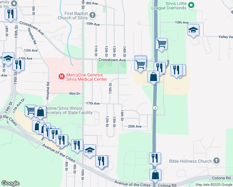 map of restaurants, bars, coffee shops, grocery stores, and more near 1604 14th Street in Silvis