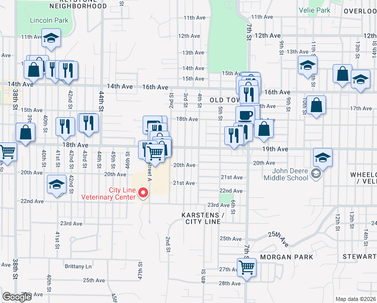 map of restaurants, bars, coffee shops, grocery stores, and more near 1908 3rd Street in Moline