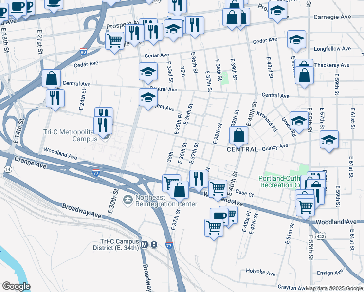 map of restaurants, bars, coffee shops, grocery stores, and more near 3529 Capers Avenue in Cleveland