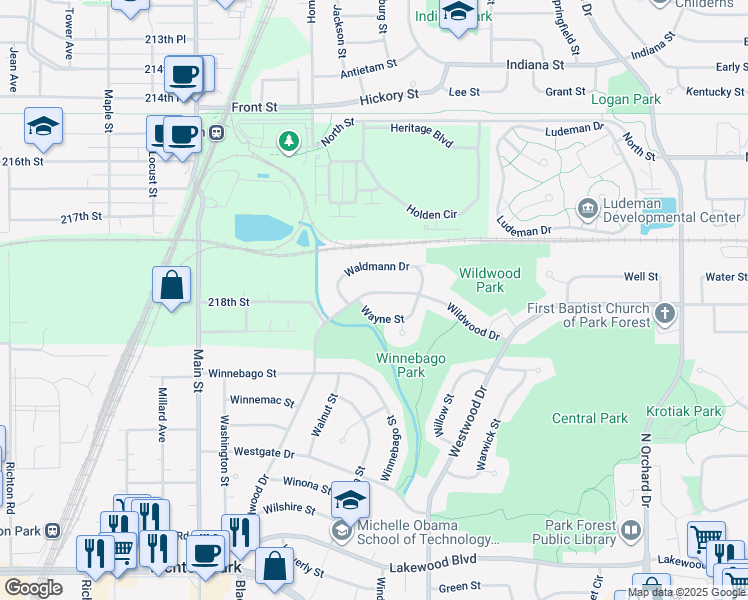 map of restaurants, bars, coffee shops, grocery stores, and more near 343 Wildwood Drive in Park Forest