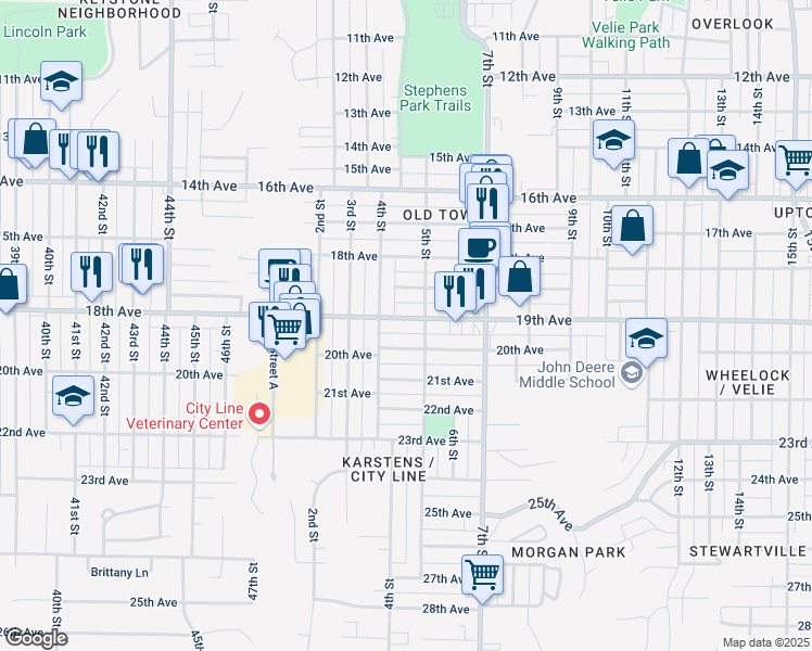 map of restaurants, bars, coffee shops, grocery stores, and more near 428 19th Avenue in Moline