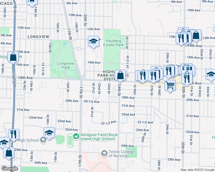 map of restaurants, bars, coffee shops, grocery stores, and more near 1818 23rd St in Rock Island