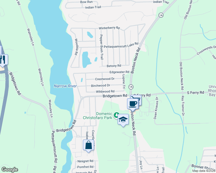 map of restaurants, bars, coffee shops, grocery stores, and more near 46 Birchwood Drive in South Kingstown